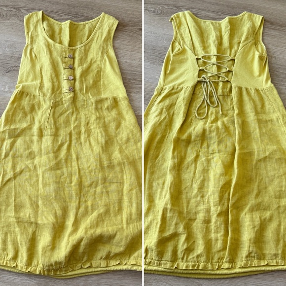Dresses & Skirts - 100% Linen Made In Italy Lagenlook Yellow Sundress With Corset Back Detail